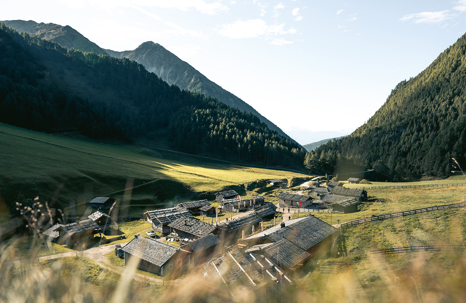 Panoramablick auf die Fane Alm im Pustertal, mit traditionellen Hütten und bewaldeten Bergen unter einem klaren Himmel.