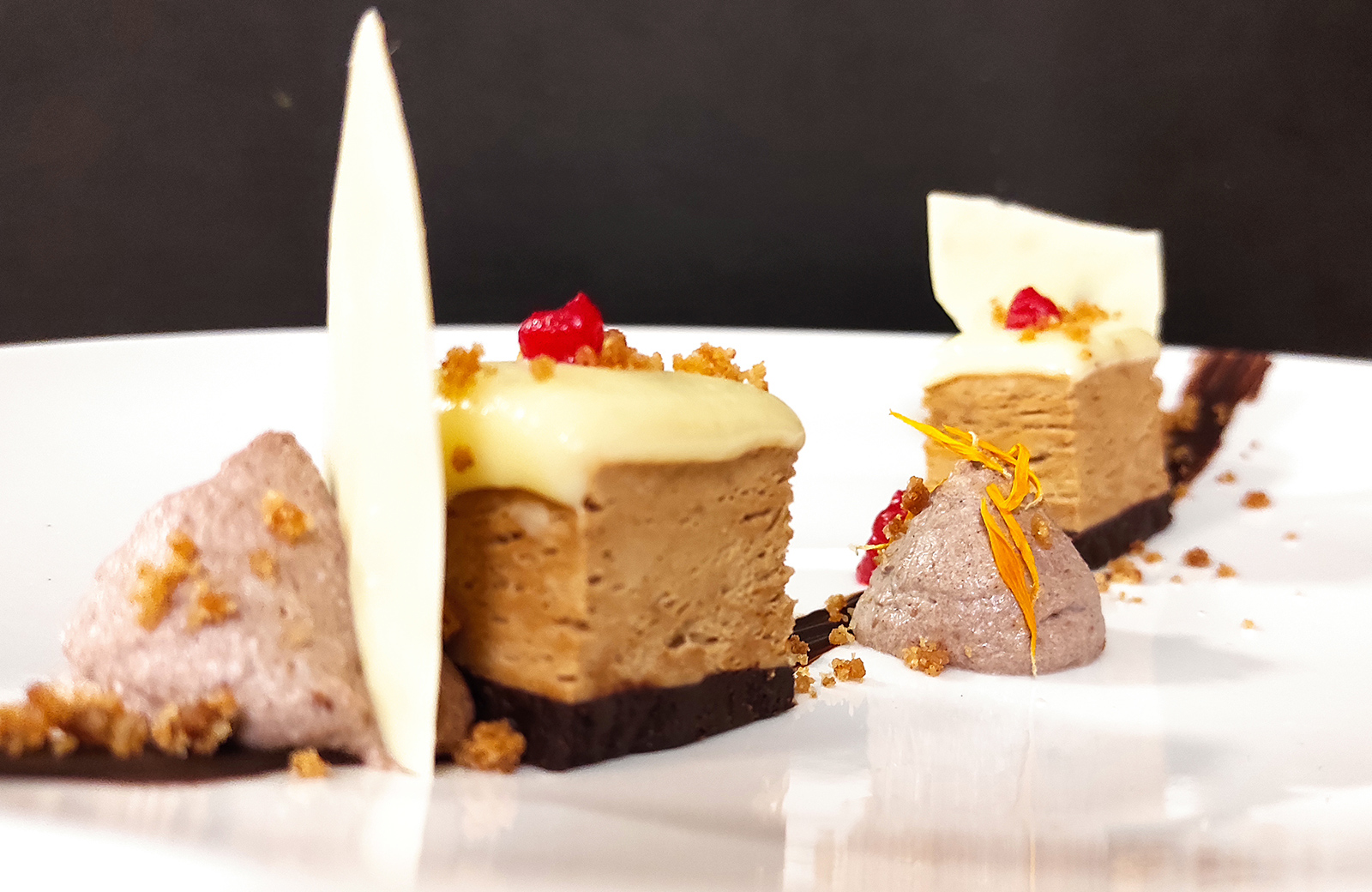 Zwei elegante Schokoladendesserts mit heller Creme, roten Früchten und Crumble, auf einem weißen Teller präsentiert.