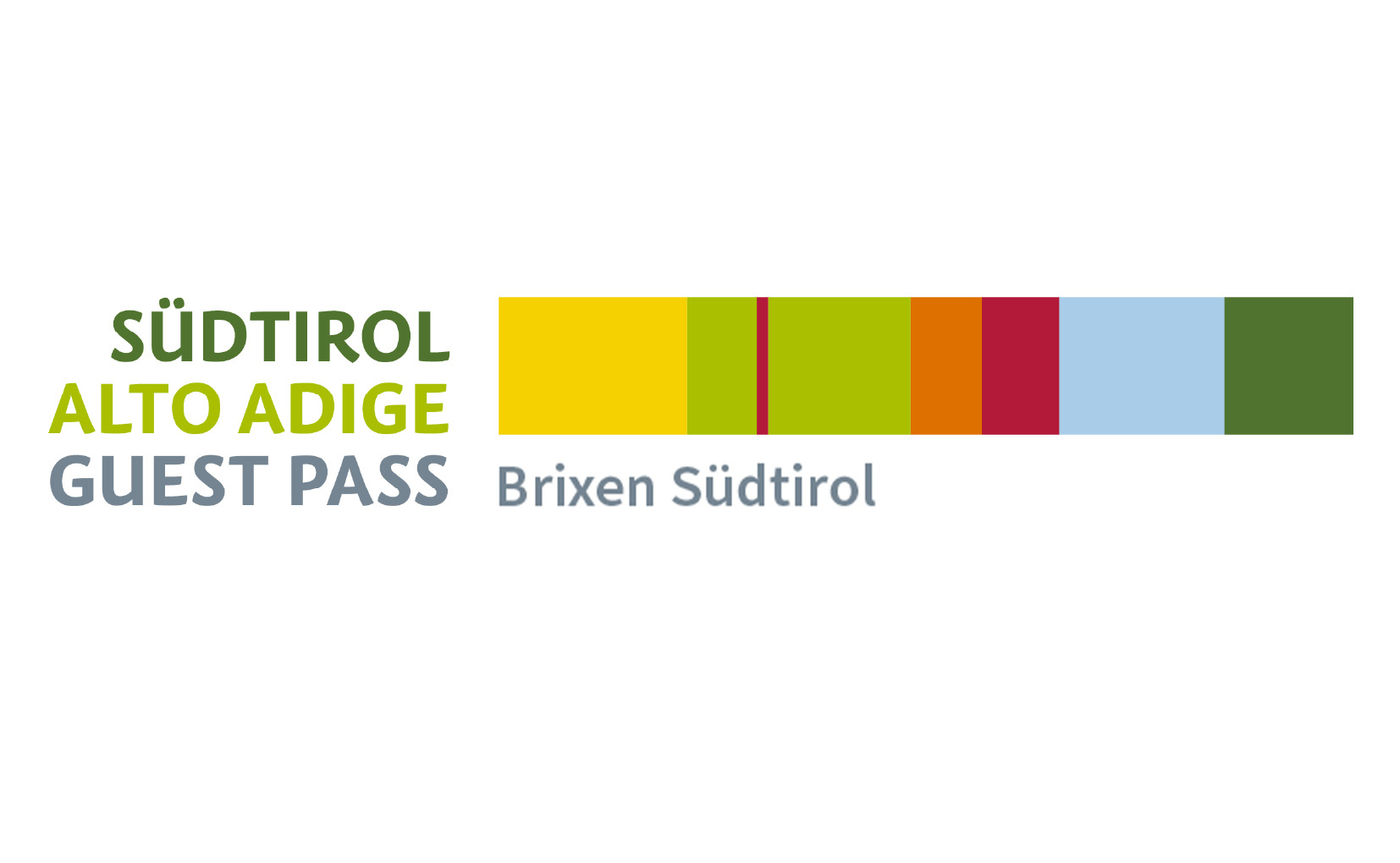 Logo der Brixen Südtirol Guest Pass Mobilcard, mit Text und farbigem Streifen, der die für Gäste der Pension Wiesenrain enthaltenen Leistungen symbolisiert.